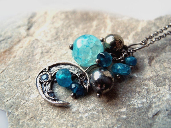 Silver Moon Necklace - Crescent Moon - Blue Cubic Zirconia - Teal Apatite Piryte - Turquoise Cracle Agate Bead - Hand Made Unique Pagan