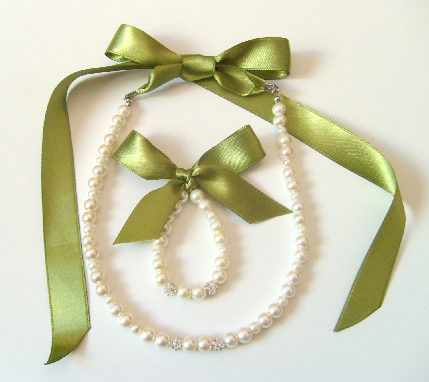 Flower girl jewelry set ribbon adjustable necklace and stretchy bracelet with swarovski crystal balls wedding jewelry  flower girl gift