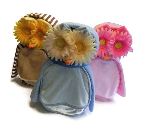 Owl Diaper Cake - baby blanket bib burp cloth washcloth baby shower gift cute unique boy girl neutral