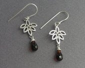 Dangle Leaves Earrings with a Garnet Faceted Drop - Silver Leaflet Earrings - Dangling Marquise Earrings - Flower Earrings