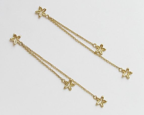 Gold Dangle Earrings with Flowers - Long 14k Gold Earrings - Gold Chain Earrings - Solid Gold