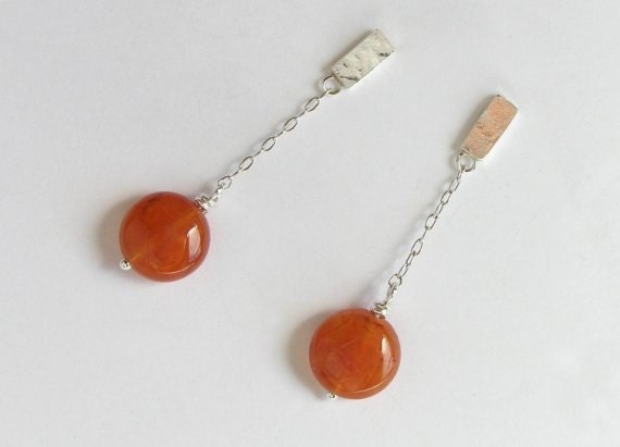 Short Dangle Carnelian Earrings - Sterling Silver Chain Earrings - Orange Earrings - Post Earrings - Summer Colors
