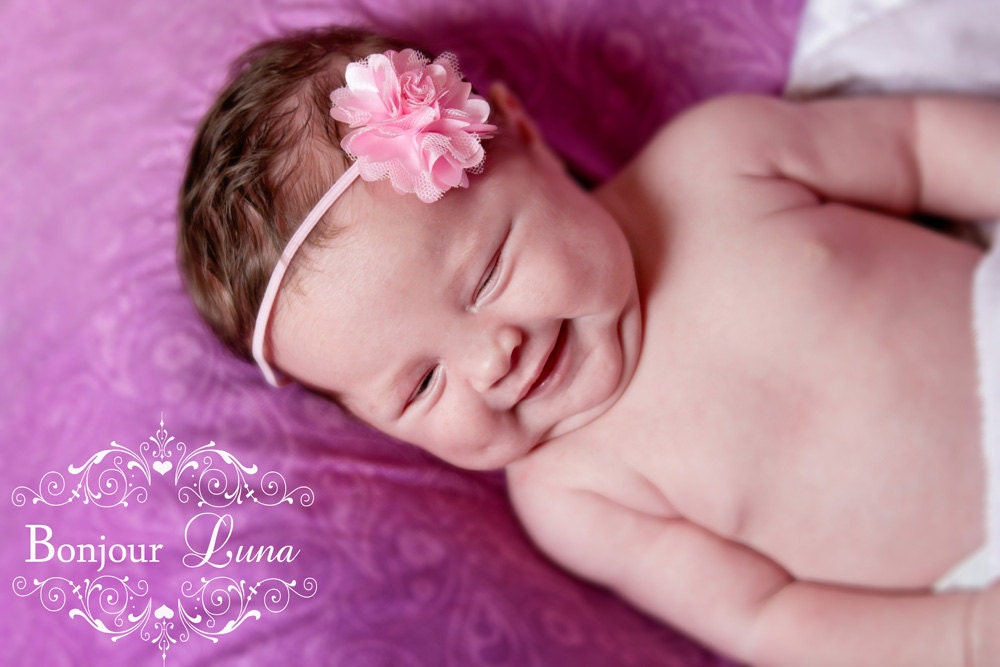 Light Pink Baby Headband - Mini Satin Mesh - Skinny Elastic - Powder Pink - Infant Headband - Newborn Photo Prop