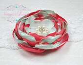 Coral Mint Baby Headband - Satin Flower - Couture Headband - Infant Headband - Baby Photo Prop - Lace Headband - Aqua - Pearls