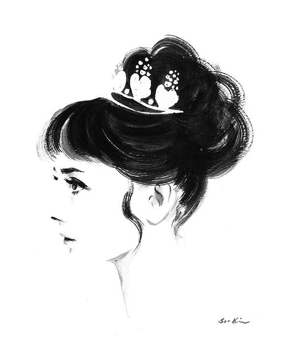 Audrey Hepburn Profile - Black and White Ink drawing - sookimstudio