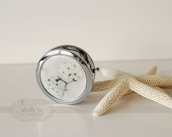 Photo Mirror Compact- "White Pear", White Pear Blossom, Flower Photograph, 3" Double Sided Mirror- Silver Plated Engravable Gift Item