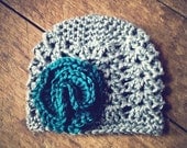 Crochet Baby Girl Hat - Grey with Blue Green Flower - Soft and Cute