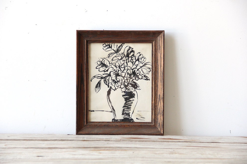 Black and White Ink Floral Drawing