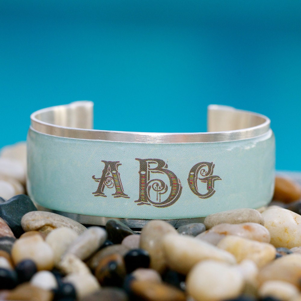 Rustic Cuff Monogram Cuff Bracelet - light blue grunge with old style monogram M1-15