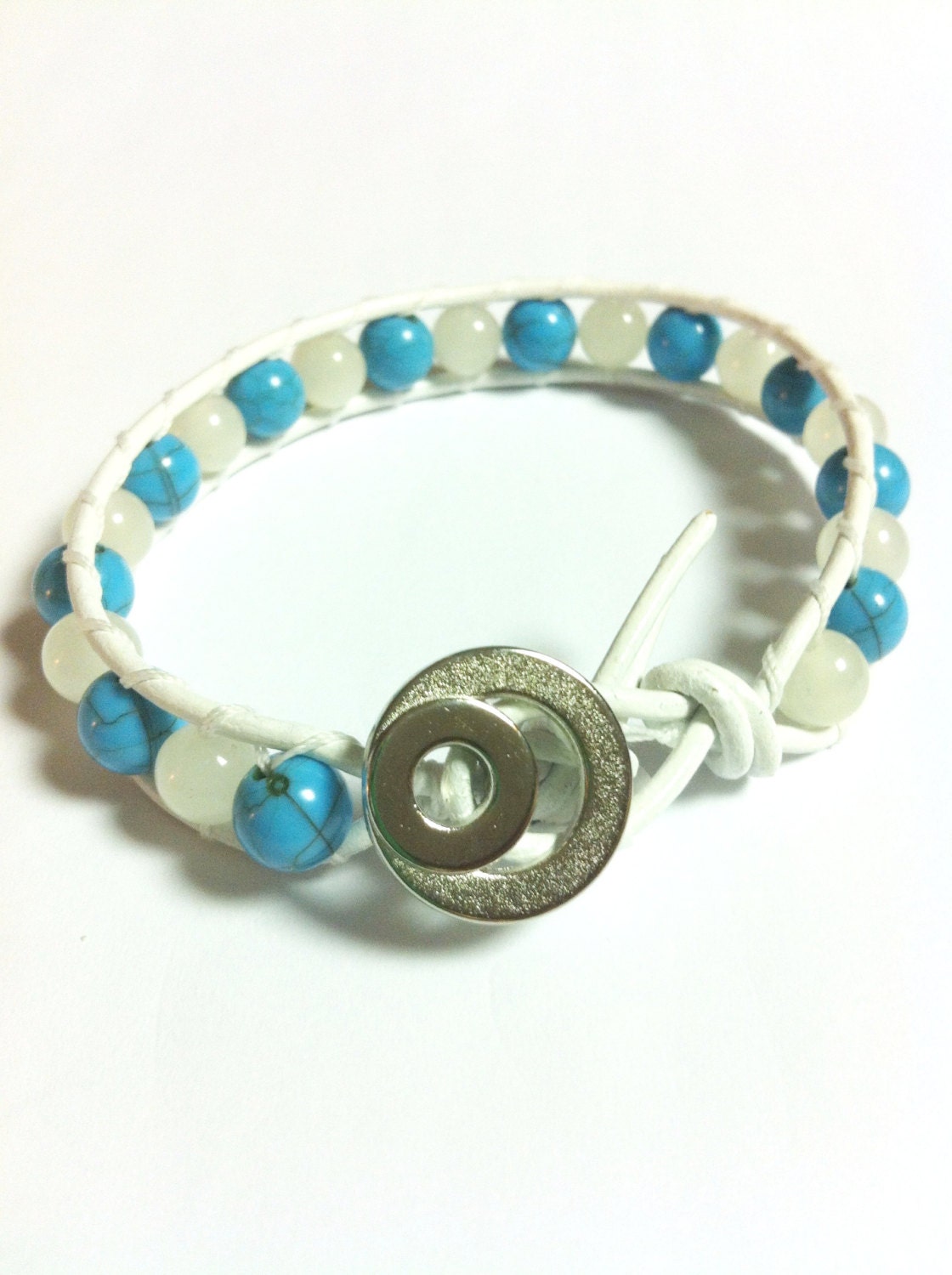 White leather Teal and White Beaded Single Wrap Bracelet