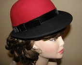 Vintage Ladies Red Hat Black Brim Doeskin GREAT Condition Made in the USA