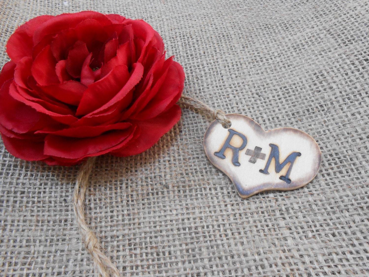 Burned and Initialed Wooden Heart Charm / DIY Wedding / Wedding Supply