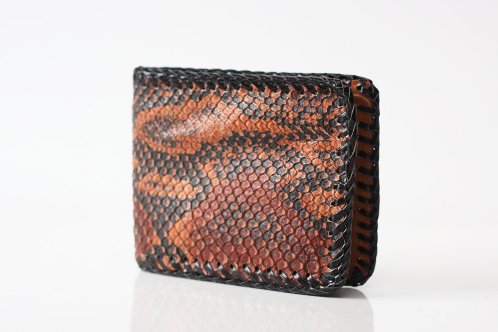 Handmade Natural Python Print Leather Hand Laced Billfold Wallet