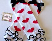 Legwarmers white with hot pink hearts and black bow , Baby Girls Legwarmers ) Perfect for crawling baby.