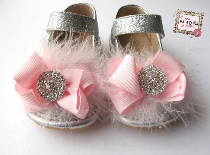 Toddler silver Sparkle Leather Squeaky Mary Jane/Glitter- baby girl shoes,pink bow and feathers.