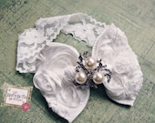 Vintage,shabby Baby Girl WHITE Rosette Bow, elastic headband,Toddler ,Infant girl headband.