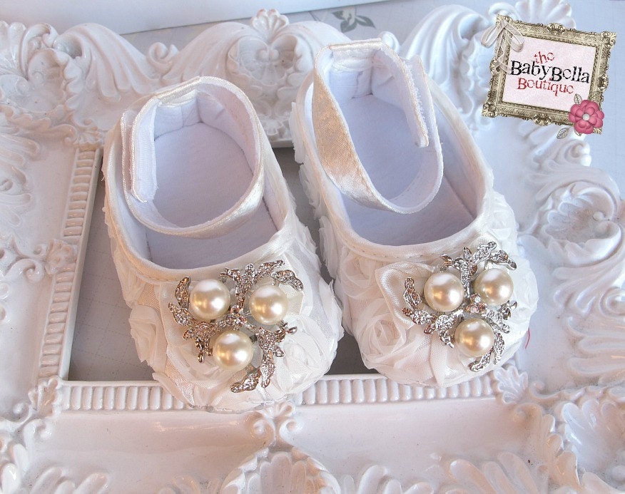 Baby Girl white Satin Rosette Crib Shoes ,Baby Shoes,Christening, Baptism, Wedding,