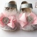 Toddler silver Sparkle Leather Squeaky Mary Jane/Glitter- baby girl shoes,pink bow and feathers.