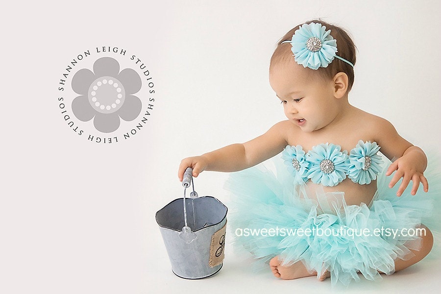 Aqua Tutu Sweet Fancy Frills 3 Piece Set Includes Tutu, Headband, And Tutu Top In Aqua Blossom A Sweet Sweet Boutique ORIGINAL DESIGN
