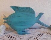 Aqua Turquoise Teal Rustic Fish Statue Carved Wood Upcycled Distressed Beach Cottage Coastal Florida Home Decor Island Decoration