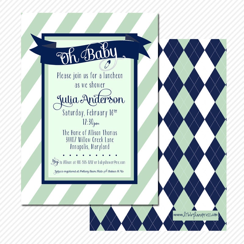 PREPPY STRIPED Baby Shower Invitation, Mint Green and Navy, Argyle, Custom Printable Il_570xn
