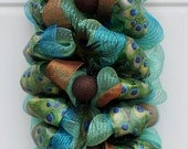 Elegant Turquoise, Teal & Brown Peacock Ribbon Feathers Door/Wall Mesh Swag Wreath