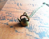 Teapot Necklace- Minimalist Miniature Small Little 3D Bronze Tea Pot Pendant, Tea Party - Alice in Wonderland - gift, modern, casual, simple
