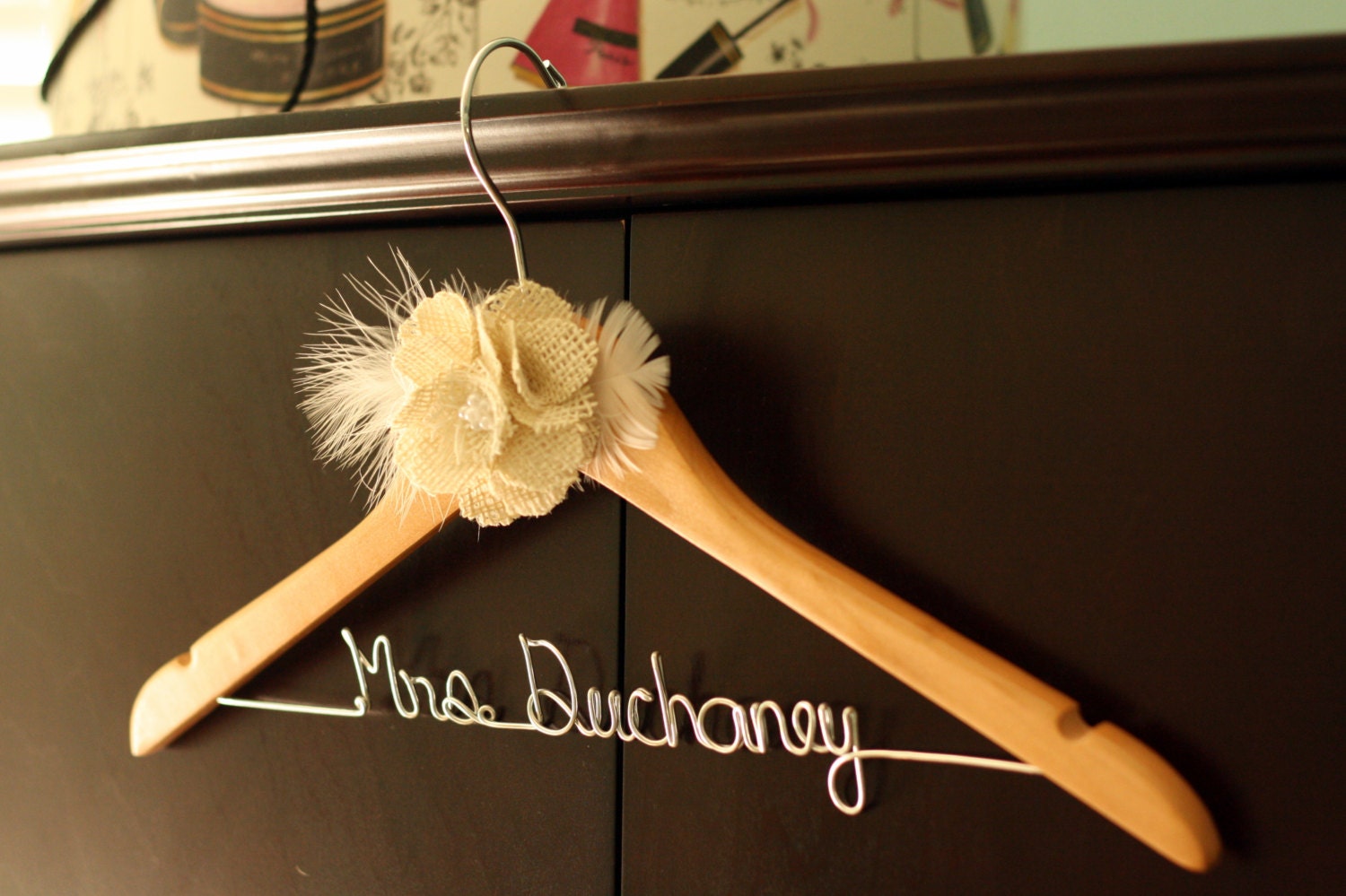 Wedding Hanger with Burlap Flower - Pine/Natural Finish