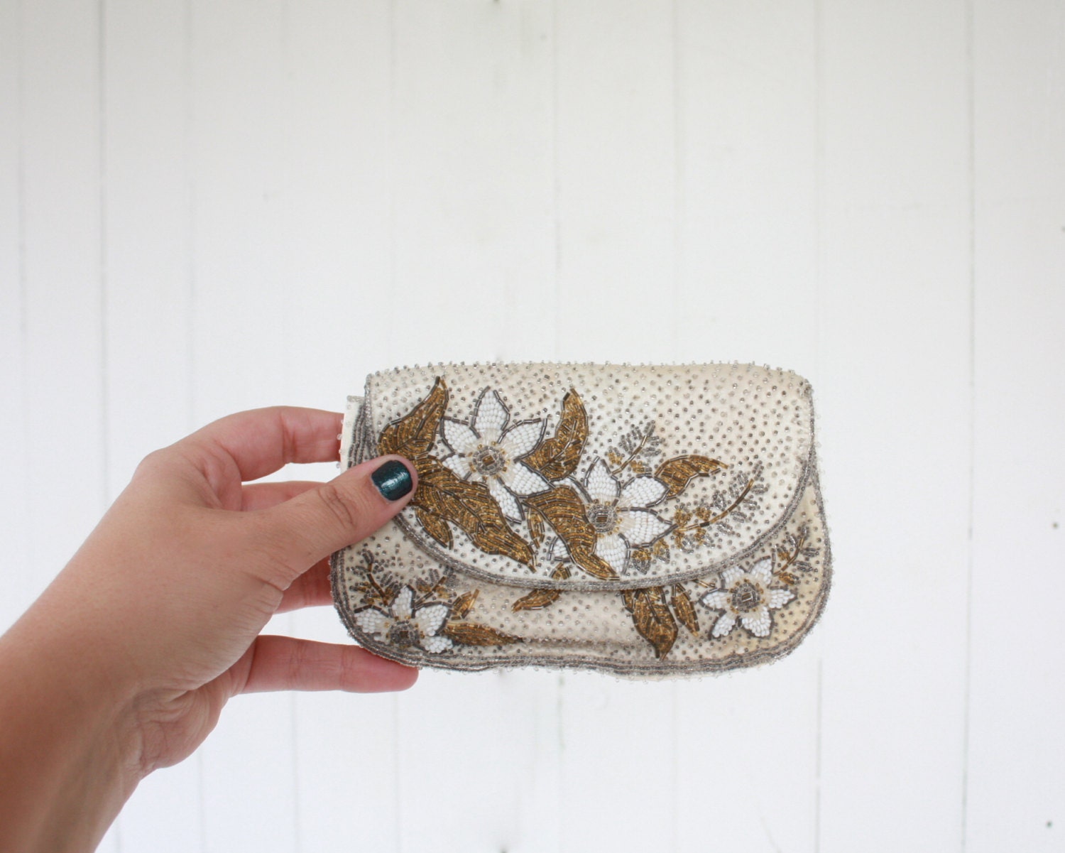Vintage Beaded Clutch, Beaded Purse, Small Clutch, Small Purse, Evening Bag, Evening Clutch, Gold, Pewter and Cream