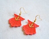 Neon Pink Seashell Lace Earrings with Gold Anchors