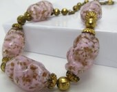 Murano Hand Blown Venetian Pink Aventurine Swirl Vintage Glass Bead Necklace