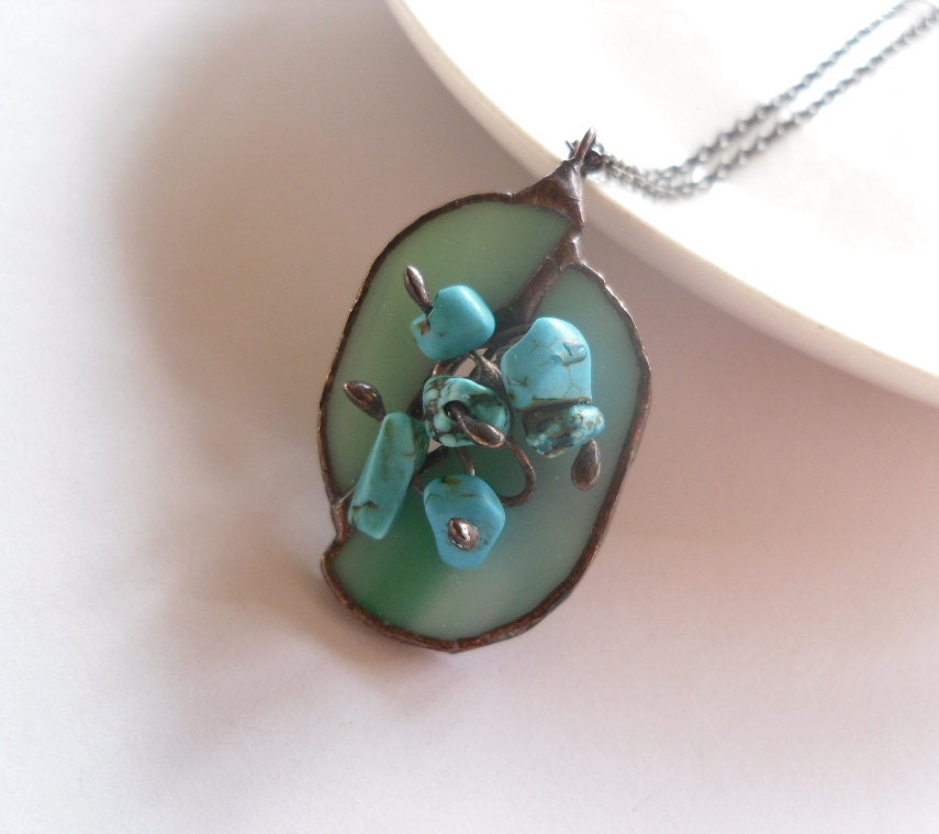 Stained glass pendant one of a kind copper wire jewelry turquoise beaded Seafood