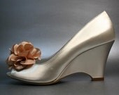 Wedding Shoes -- Ivory Wedding Wedges with Beige Flower Adornment
