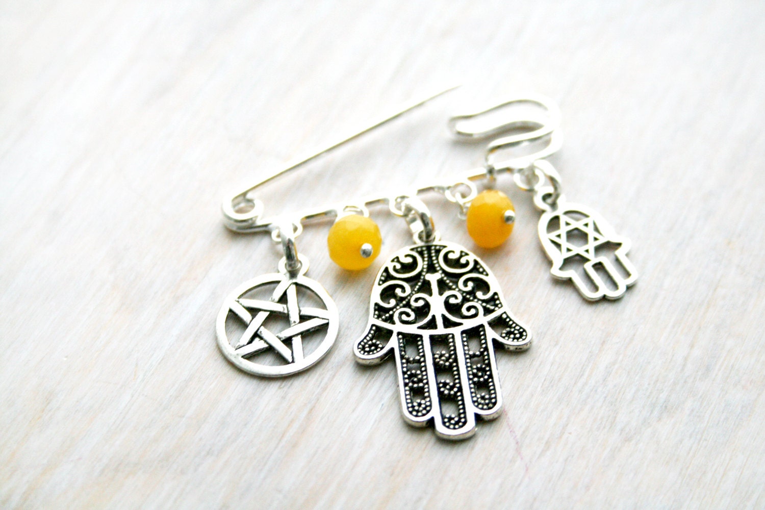 Hand of Fatima brooch. Hamsa Tibetan silver  Brooch. Yellow topaz  beads. Hamsa Safety pin brooch. Spring Yellow