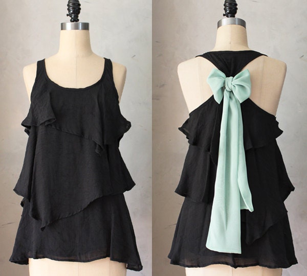 MINT TEA AURA - Romantic black flowy tier blouse // sage green // chiffon sash bow // tunic // tank top // racerback