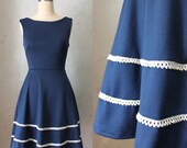 COQUETTE in NAVY - Navy blue dress with pockets // flared circle skirt // ivory crochet // bridesmaid dress // vintage inspired