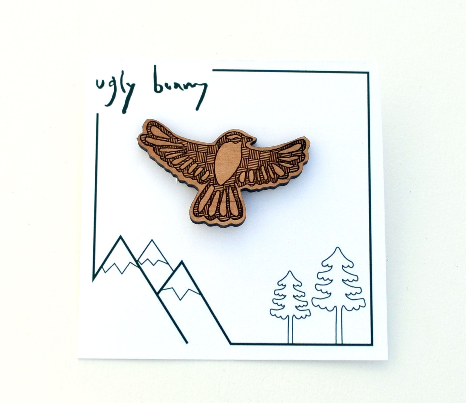 Soaring Bird Pin- Hatch Design - Laser cut and Etched Pin - Natural