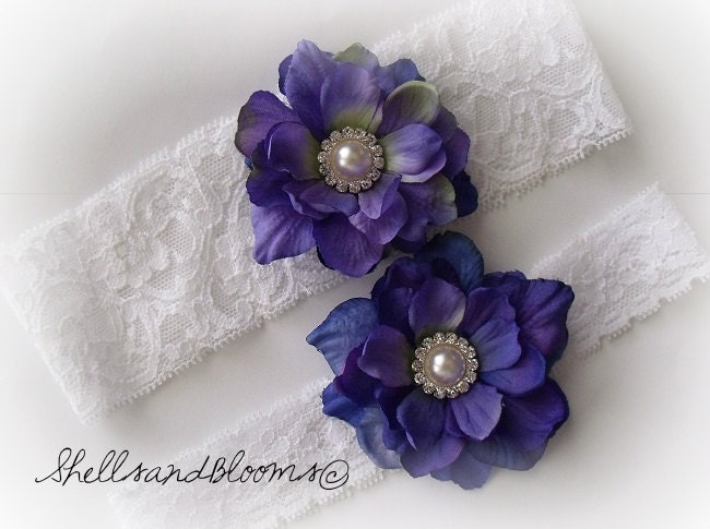 Wedding Bridal Garter Set - Garden Blooms - Floral Lace with Pearl Rhinestone Center - Delphinium Rose Flowers - Choose your Color