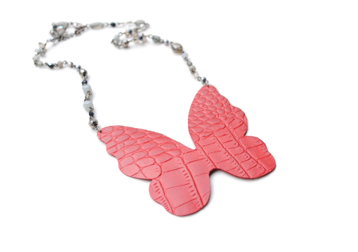 Red leather butterfly necklace, grey and black glass beads, spring, romantic, gift for her, Valentine's day