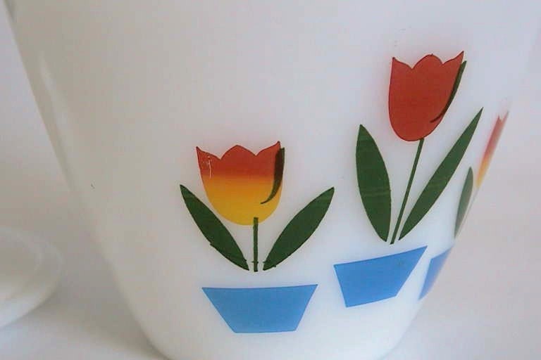 Vintage Fire King Ware w/ Tulip Design on Grease Jar Dip Bowl & Lid has Knob - U.S.A.