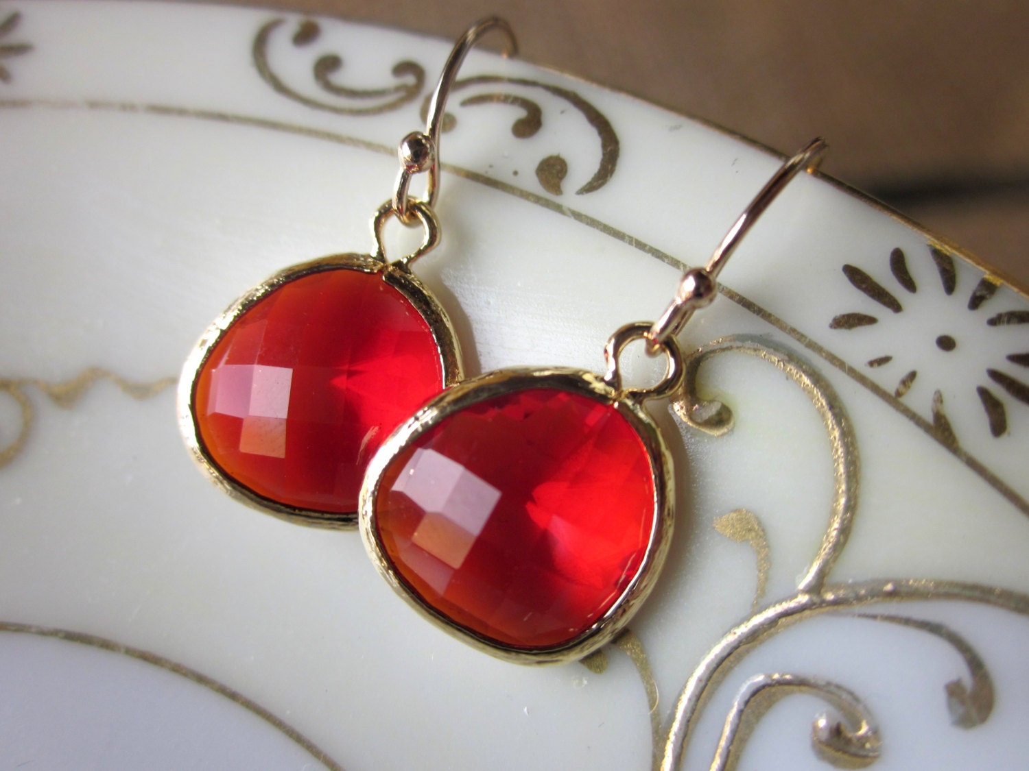 Garnet Red Earrings Candy Apple Red Gold Earrings - Bridesmaid Earrings - Wedding Jewelry - Bridesmaid Jewelry