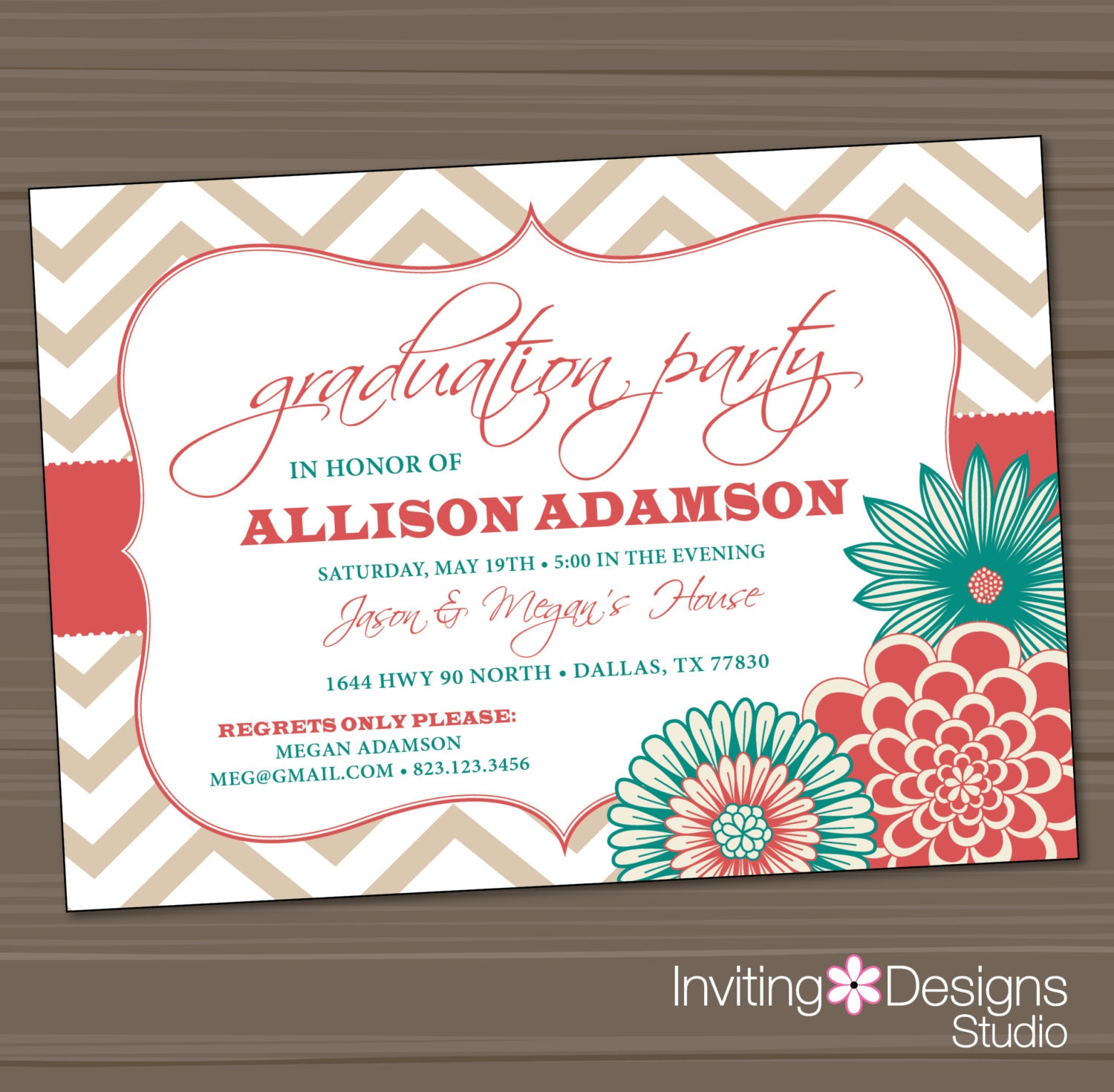 Graduation Party Invitation, Floral, Chevron (PRINTABLE FILE)