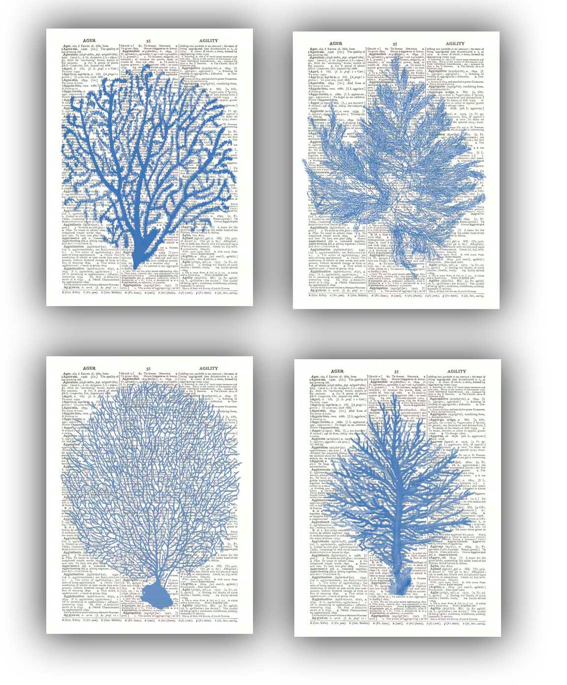 4 Ocean Blue  prints, Sea fan, sea grass, coral, nautical Dictionary Prints, bathroom wall decor, beach decor cottage wall hangings