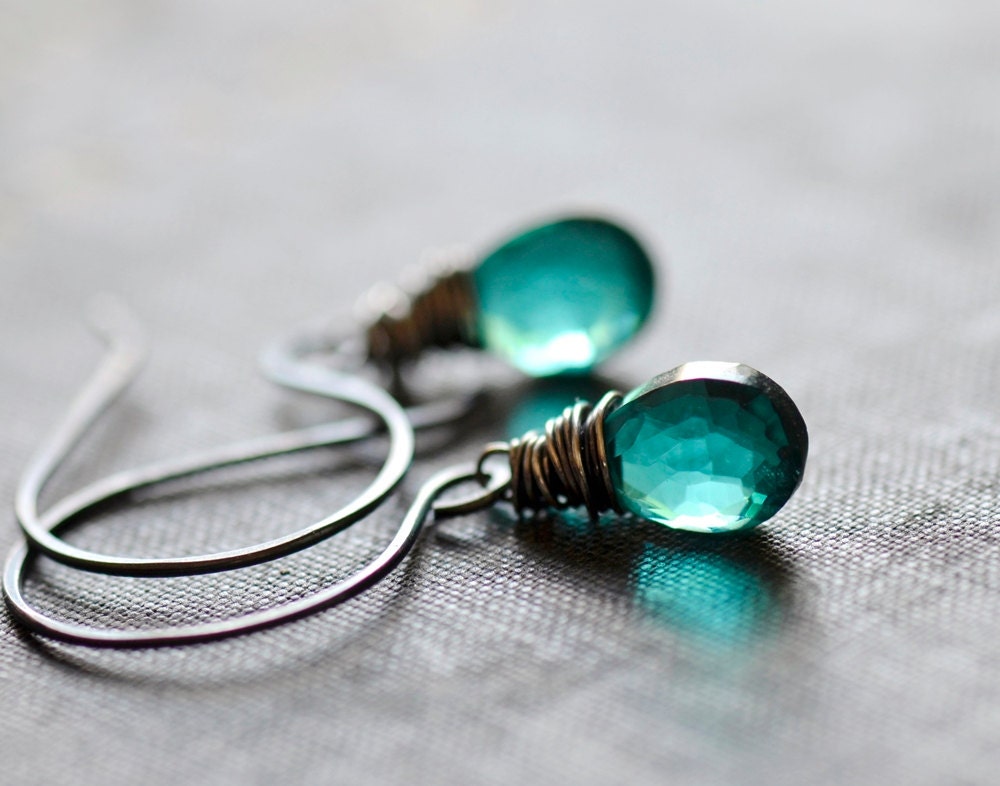 Teal Quartz Drop Dangle Earrings in Oxidized Sterling Silver Wire Wrapped Gemstone Earrings