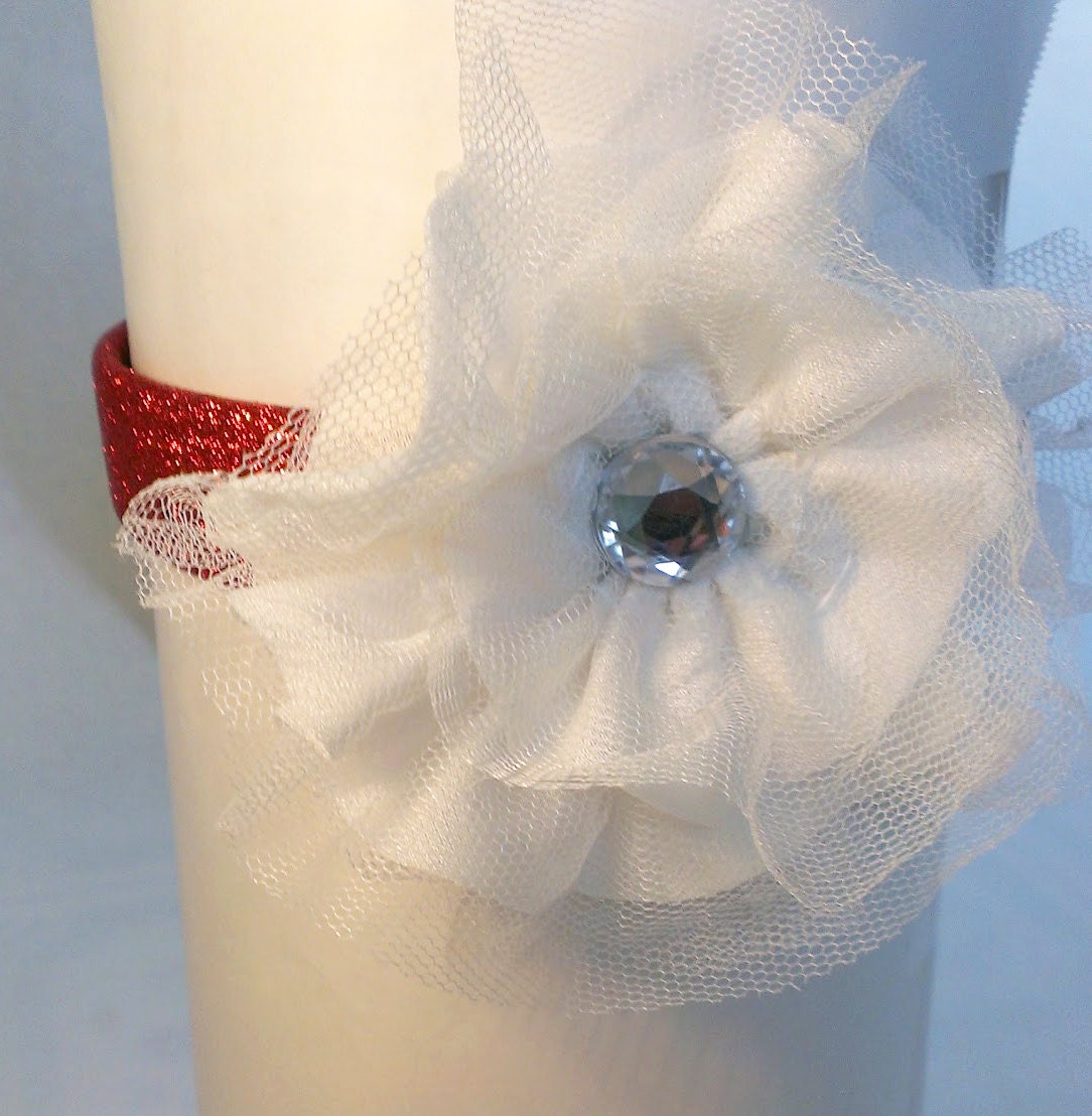 Ruffled Fabric Flower Sparkly Headband, White, Rhinestone, Tulle