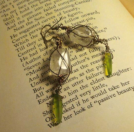 The Mermaid's Garden is Sprouting - Quartz and Green Sea Glass Wire Wrapped Earrings