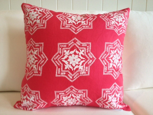 SALE: Algarve cushion cover in white ink on watermelon red/pink linen 47cmx47cm