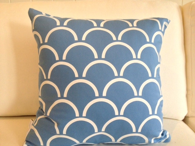 SALE: Cushion cover Arches design. White design on blue Cotton 42cm x 42cm