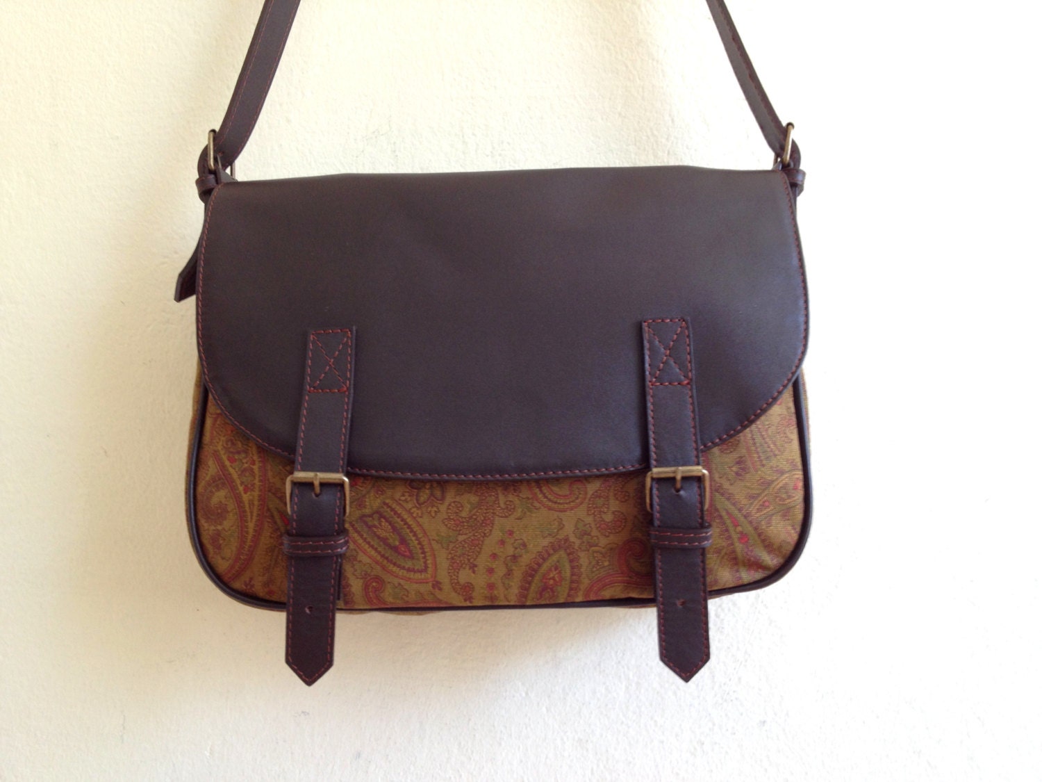 Leather & Canvas Messenger Bag dark brown paisley shoulder bag  handbag large