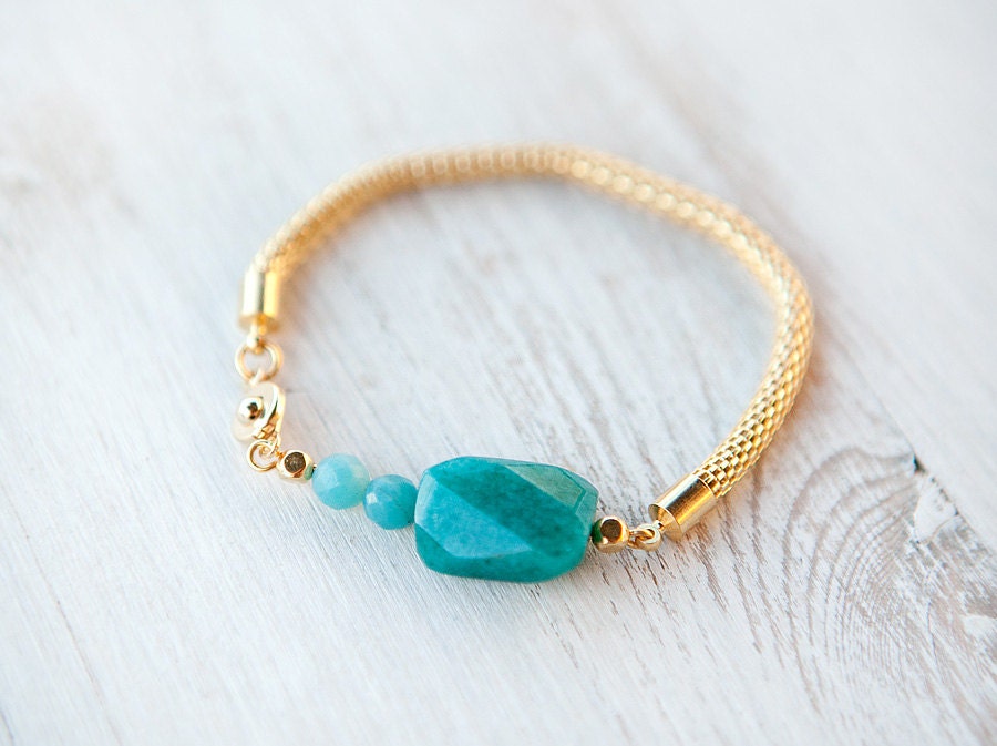 Snake Bracelet - Deep Teal Jade and Amazonite Beads on Gold Mesh Cord by pardes israel